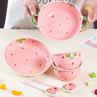 Set Bộ bát , chén sứ , dĩa đựng thức ăn nhiều món họa tiêt dâu tây dễ thương sử dụng trong gia đinh