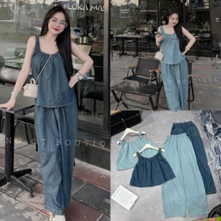 Sét Bộ Jean Áo Bò 2 Dây Form Babydoll Vạt Xòe Kèm Quần Suông Ống Rộng Size S M - Halinh Shop - Sét Jean Nữ Áo Yếm Phối Q