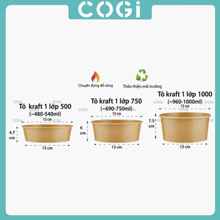 50 tô giấy kraft 750ml | 1000ml kèm nắp dùng 1 lần COGI đựng salat, mì ý, cơm, đồ xào, bánh bông lan trứng muối