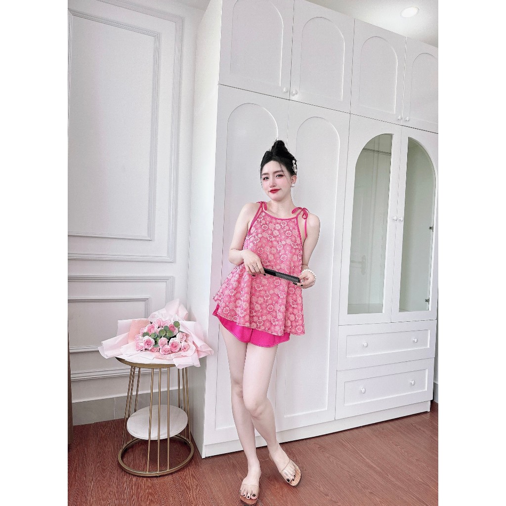 Bộ đồ ngủ nữ 2 dây dễ thương Olici quần đùi gấm 2 da phối lụa latin thoáng mát