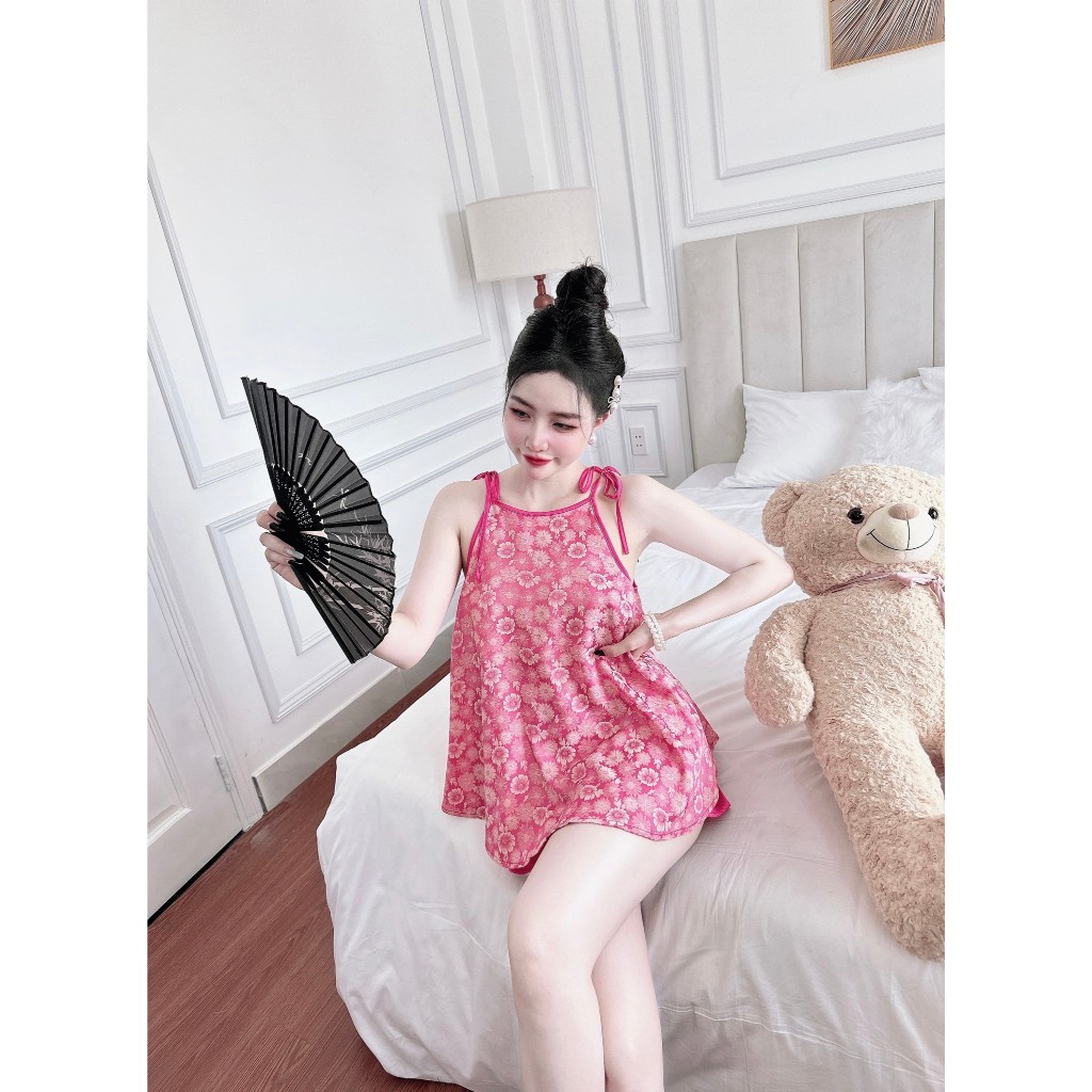Bộ đồ ngủ nữ 2 dây dễ thương Olici quần đùi gấm 2 da phối lụa latin thoáng mát