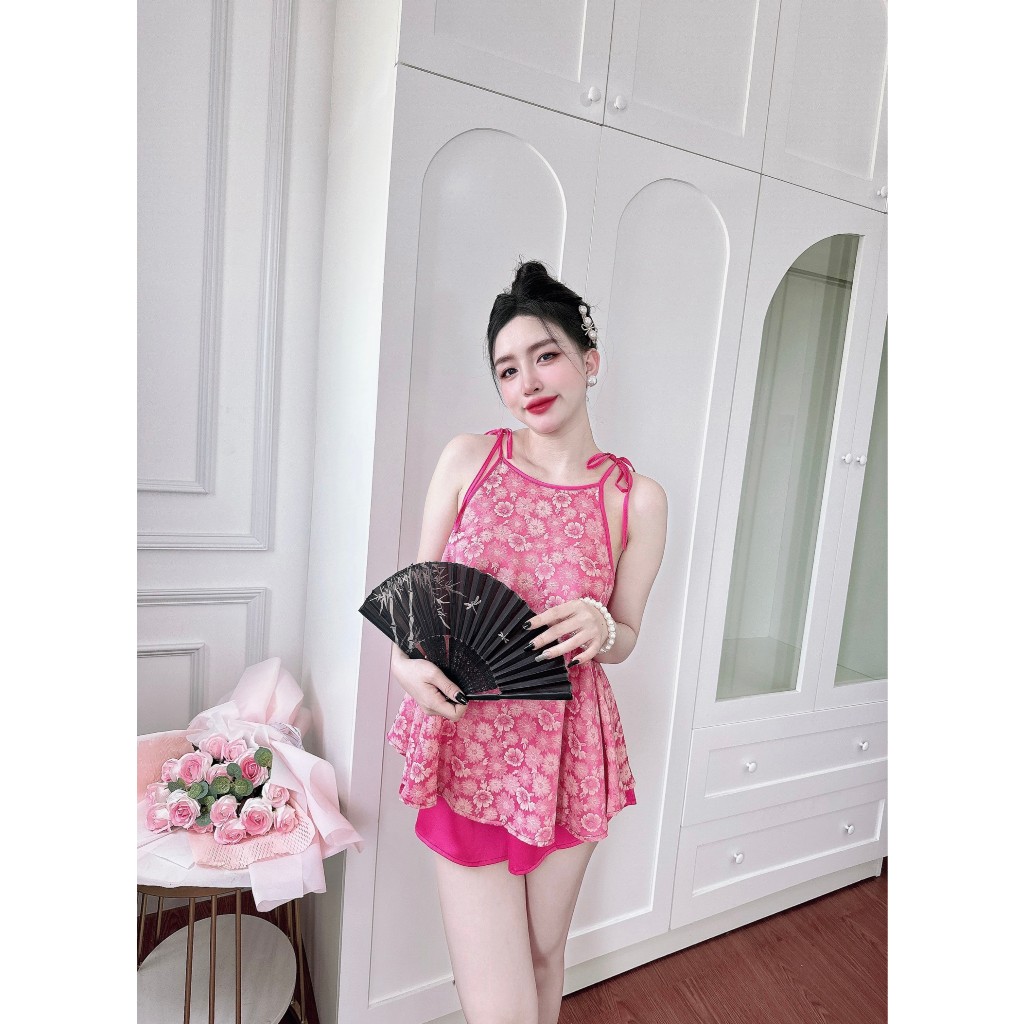 Bộ đồ ngủ nữ 2 dây dễ thương Olici quần đùi gấm 2 da phối lụa latin thoáng mát