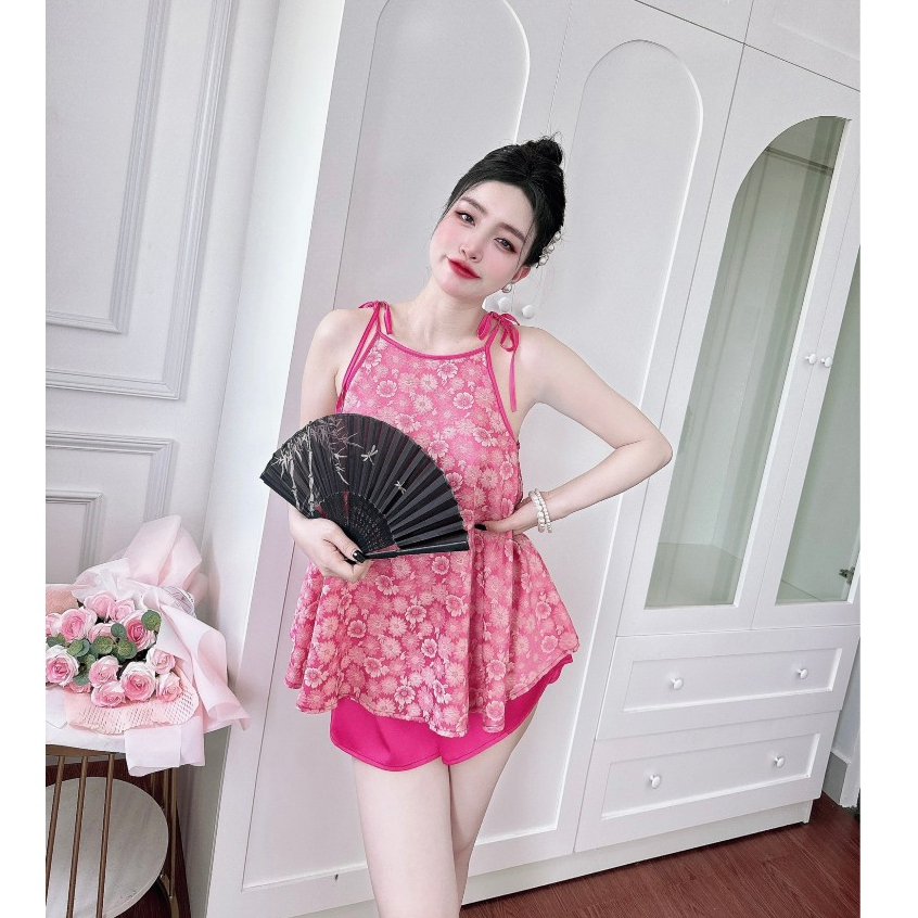 Bộ đồ ngủ nữ 2 dây dễ thương Olici quần đùi gấm 2 da phối lụa latin thoáng mát