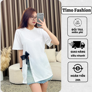 Áo thun nữ ngắn tay form rộng xẻ tà TIMO, Áo phông nữ unisex phối nơ dễ thương, chất vải thun co giãn ulzzang, AOT120