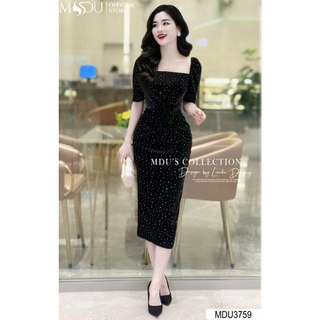 MDU3759 Đầm cổ vuông dáng ôm sang chảnh, chất liệu nhung đính kim sa cao cấp, che khuyết điểm tốt