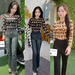 Áo tay dài cổ tròn thun lưới nhũ ánh kim tuyến họa tiết chữ mặc phối quần váy nào cũng đẹp sang