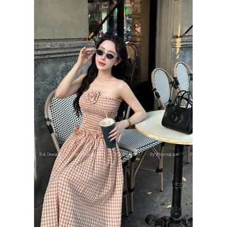 Váy caro dài quây chun đính hoa