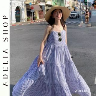 「ADELIA」Đầm Váy Kẻ 2 Dây Dáng Dài Xòe 2 Lớp Màu Xanh Nhẹ Nhàng Trẻ Trung Hàn Quốc DH588