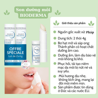 Son dưỡng môi Bioderma Atoderm Lèvres 4g Pháp, không màu, dưỡng ẩm môi khô