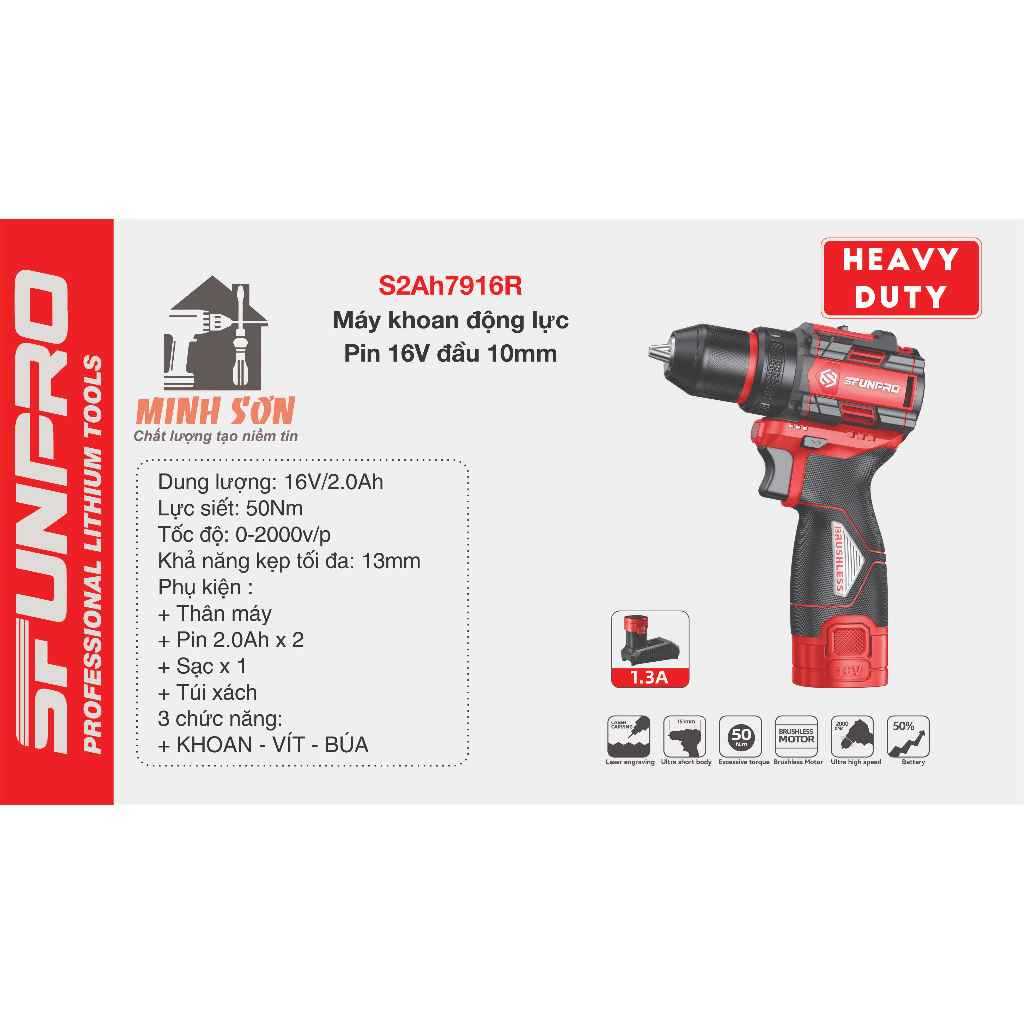 Máy khoan động lực pin 16V đầu 10mm. SFUNPRO S2Ah7916R. Chính hãng