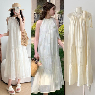 Đầm maxi voan thêu cổ yếm buộc nơ 1 bên điệu đà Hàn Quốc váy yếm đi biển