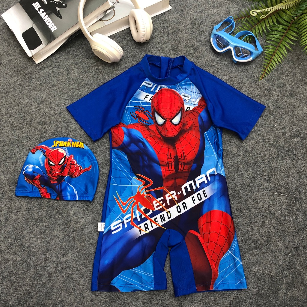 Bộ bơi body Supper Man kèm mũ màu xanh 13-30kg mềm mịn cho bé trai MonkeyKids-DB218