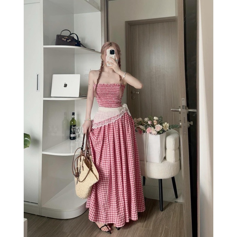 Váy Maxi cúp ngực bo chun chất kẻ thô có túi hông, váy kẻ caro mặc đi biển đi du lịch đi cafe dễ thương HV567 | BigBuy360 - bigbuy360.vn