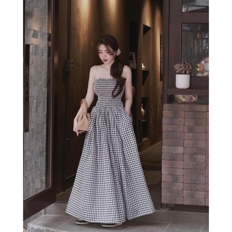 Váy Maxi cúp ngực bo chun chất kẻ thô có túi hông, váy kẻ caro mặc đi biển đi du lịch đi cafe dễ thương HV567 | BigBuy360 - bigbuy360.vn