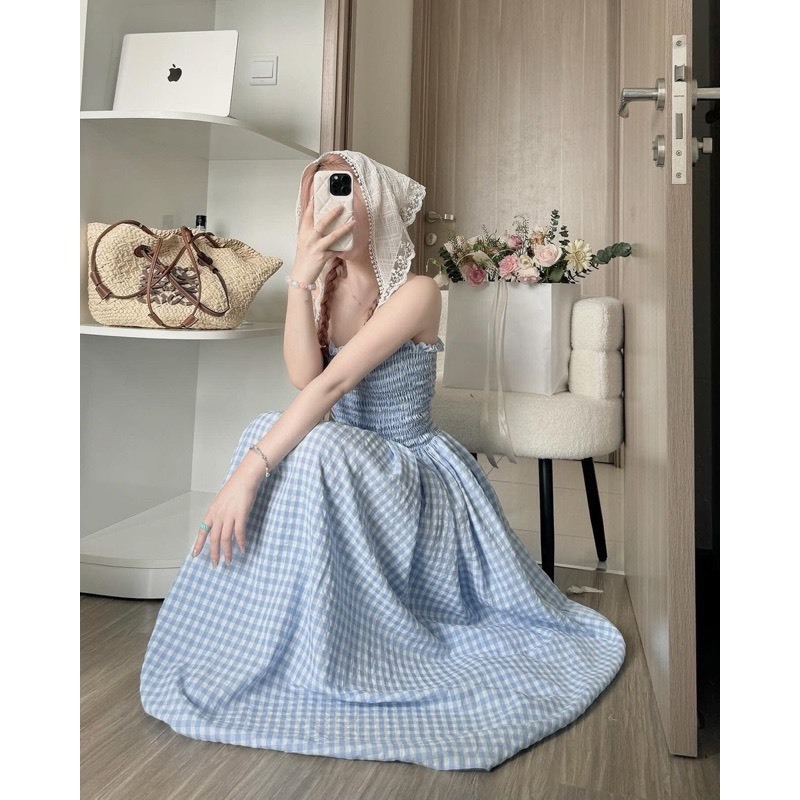 Váy Maxi cúp ngực bo chun chất kẻ thô có túi hông, váy kẻ caro mặc đi biển đi du lịch đi cafe dễ thương HV567 | BigBuy360 - bigbuy360.vn