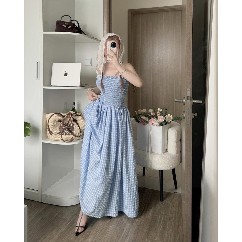 Váy Maxi cúp ngực bo chun chất kẻ thô có túi hông, váy kẻ caro mặc đi biển đi du lịch đi cafe dễ thương HV567 | BigBuy360 - bigbuy360.vn