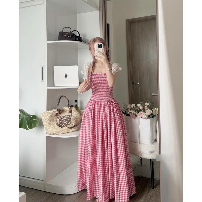 Váy Maxi cúp ngực bo chun chất kẻ thô có túi hông, váy kẻ caro mặc đi biển đi du lịch đi cafe dễ thương HV567 | BigBuy360 - bigbuy360.vn