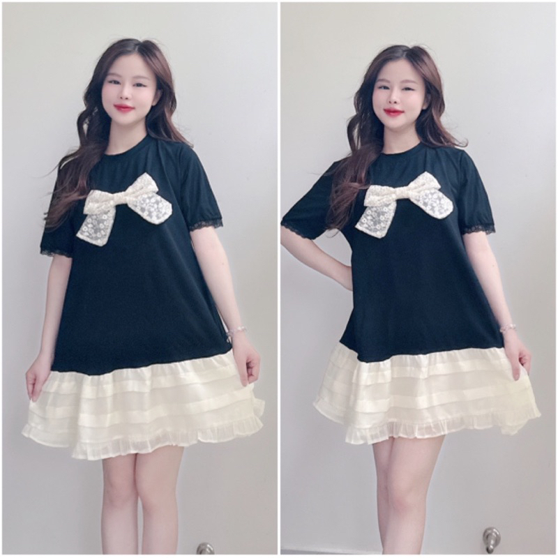 H333 Váy thun chân bèo tơ , váy nữ dáng ngắn đính nơ ren dễ thương