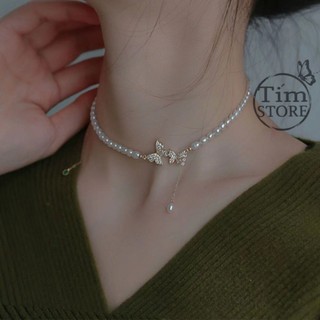 Dây chuyền nữ dạng choker ngọc trai nhân tạo mặt bướm TÍM STORE phụ kiện trang sức phong cách hàn quốc