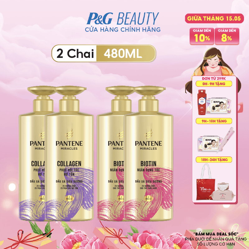 Combo 2 Chai Kem Xả PANTENE 3MM 3 Phút Diệu Kì 480ML Ngăn Rụng Tóc/ Chăm Sóc Hư Tổn