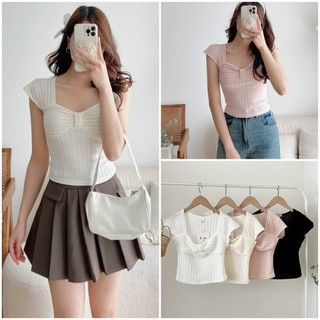Áo Cotton Len Cổ Chữ U Thiết Kế Nơ Ngực Dáng Ngắn Nhiều Màu Xinh Xắn, Labibi