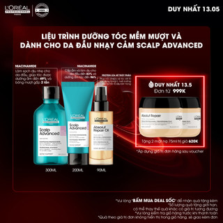 Combo dưỡng tóc mềm mượt,da đầu nhạy cảm L'Oréal Professionnel Scalp Advanced-Dầu gội 500ml,Soother 200ml, tinh dầu 90ml