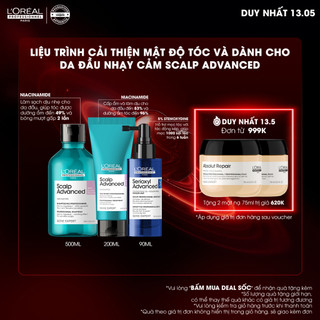 Combo tăng mật độ tóc, da đầu nhạy cảm L'Oréal Professionnel Scalp Advanced-Dầu gội 500ml, Soother 200ml, tinh chất 90ml