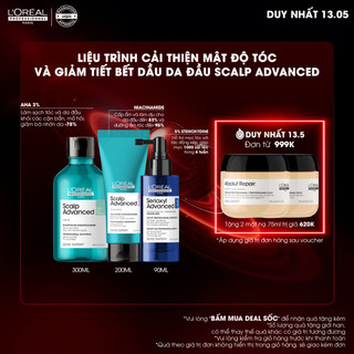 Combo tăng mật độ tóc,giảm tiết dầu L'Oréal Professionnel Scalp Advanced-Dầu gội 500ml,Dưỡng chất 200ml,xịt mọc tóc 90ml