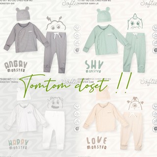Chaang SS2024 Bộ Set bộ cúc chéo kèm mũ Monster cho bé trai, bé gái