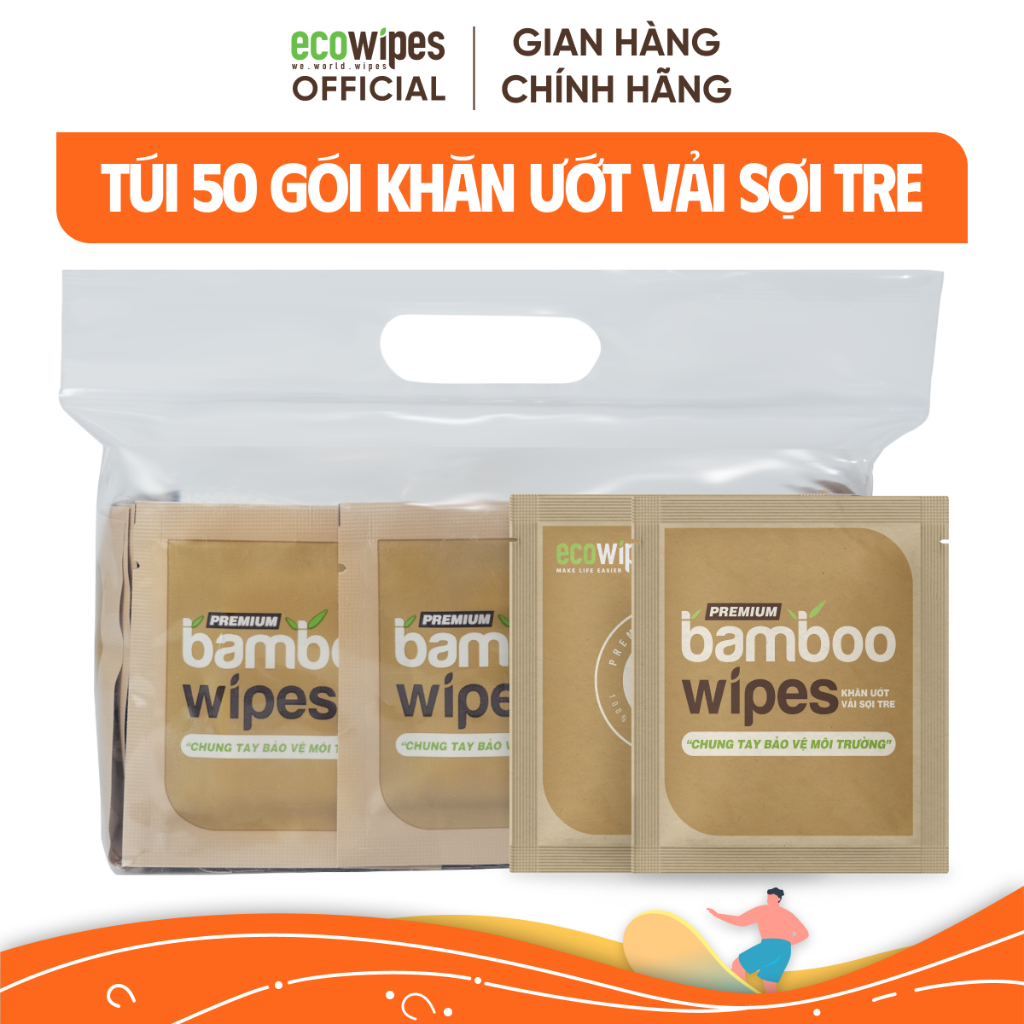 Túi 50 gói khăn ướt vải sợi tre kháng khuẩn cao cấp ecoBamboo Premium gói 1 tờ travel size không mùi