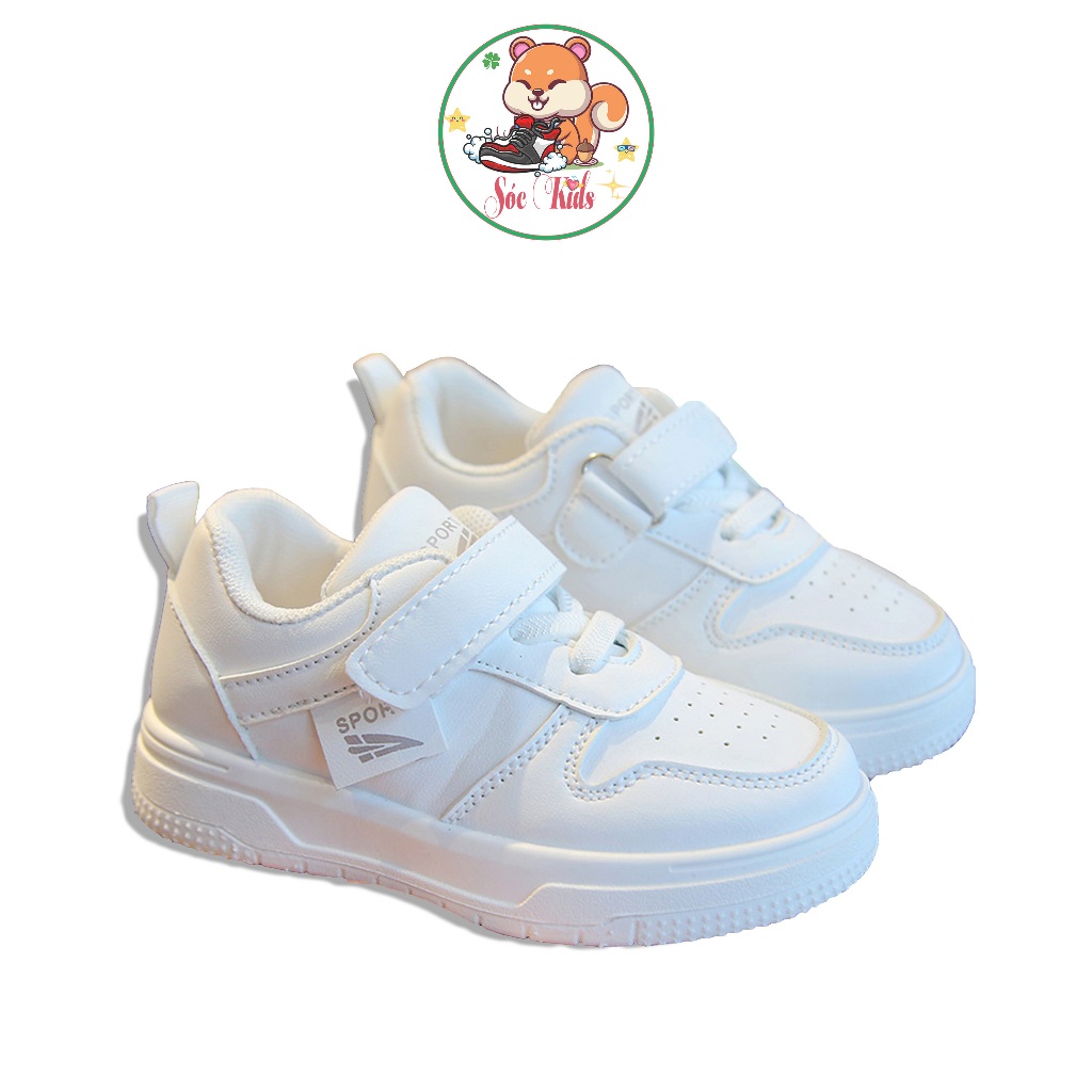 Giày thể thao trắng khóa dán cho các bé size từ 26 đến 38 chất liệu da Pu cao cấp êm mềm dễ đi dễ phối đồ