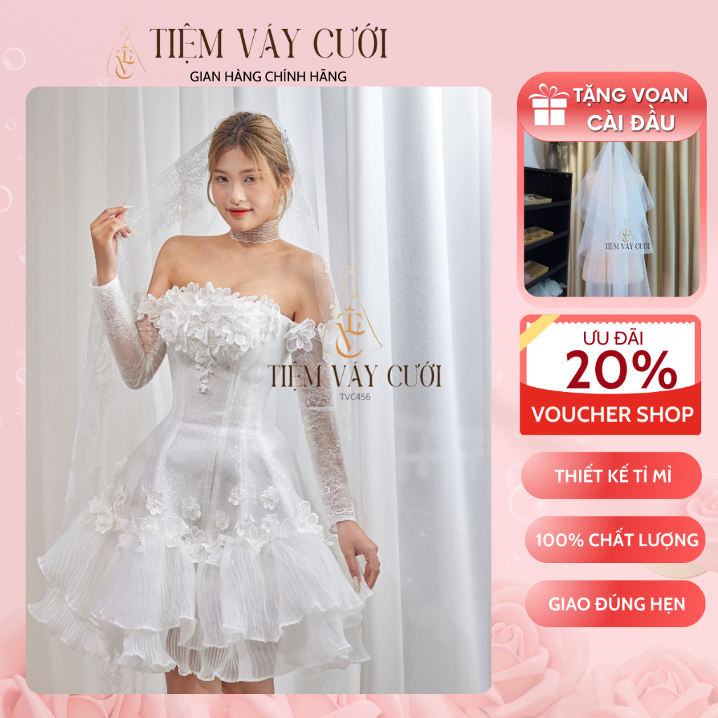 [Tặng Voan + Mút Ngực] Váy Cưới Đi Bàn, Đầm Cưới Ngắn, Cúp Ngực, Dài Tay, TVC456