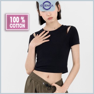 Áo croptop tay ngắn cổ tròn xẻ vai ôm cotton nữ Ozenka , áo crt đẹp sang chảnh basic mặc đi học đi chơi