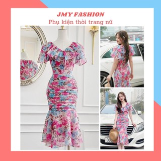 V4581 Váy voan body hoa nhí cổ V đuôi cá dự tiệc đầm voan hoa dáng ôm body đuôi cá tay bèo