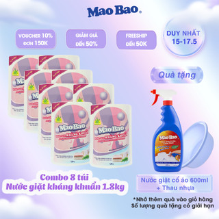 Combo 8 Túi Nước giặt Kháng Khuẩn Mao Bao 1800g + Tặng 1 hộp Bột Tẩy Quần Áo Thiên Nhiên Baking Soda 12g x 5 gói