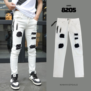 Quần jean nam Amiri trắng vá vải đen dáng skinny, hàng Quảng Châu, quần bò Amiri trắng vá đùi ống bó chất co dãn 8205