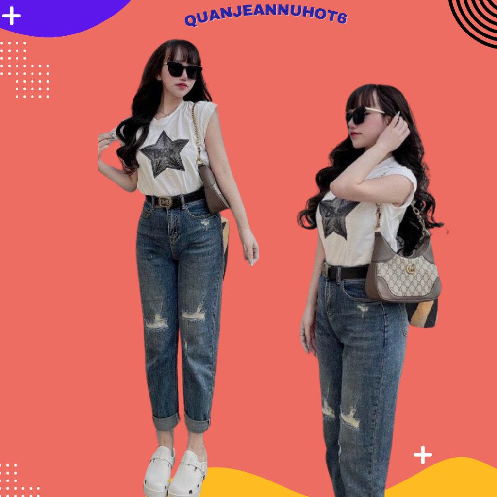 Quần jean bò baggy xuông suông nữ cạp cao quần jean ông đứng tomboy denim lưng cao #9001