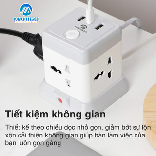 Ổ cắm điện đa năng Manigo công suất 2500W 4 ổ 2 cổng USB TypeC Dây Cắm Dài 2.5m tự ngắt BH 3 Năm
