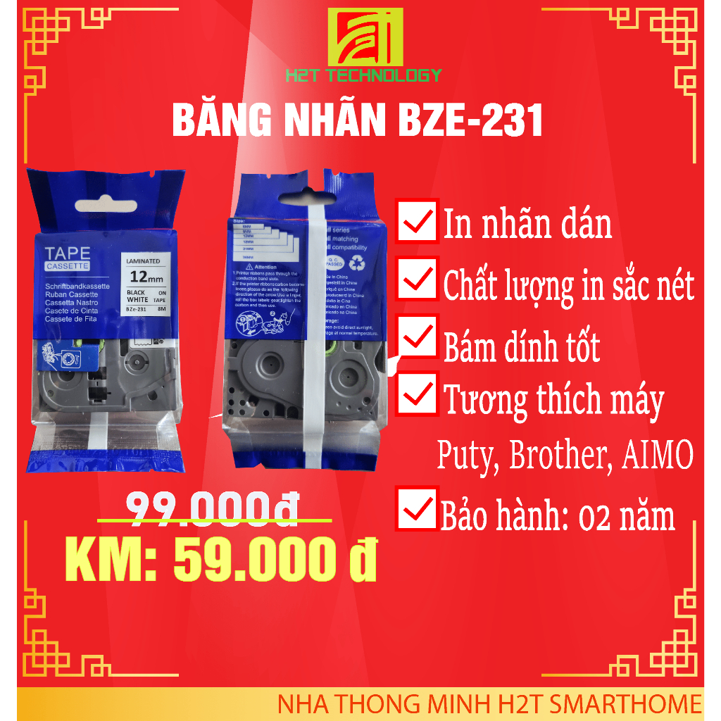 Băng nhãn Bze-231 khổ 12mm* 8m, chữ đen nền trắng, chất liệu ABS tương thích các loại máy in