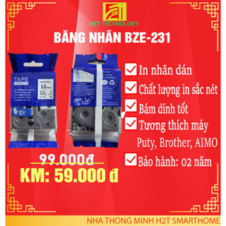 Băng nhãn Bze-231 khổ 12mm* 8m, chữ đen nền trắng, chất liệu ABS tương thích các loại máy in