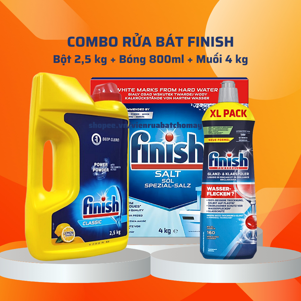 Combo rửa chén bát Finish: Bột Finish 2,5kg + Muối Finish 4kg + Bóng Finish 800ml - CHÍNH HÃNG