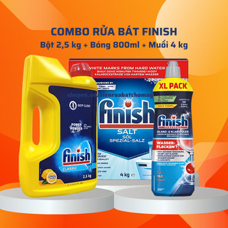 Combo rửa chén bát finish: bột finish 2,5kg + muối finish 4kg + bóng finish 800ml - chính hãng