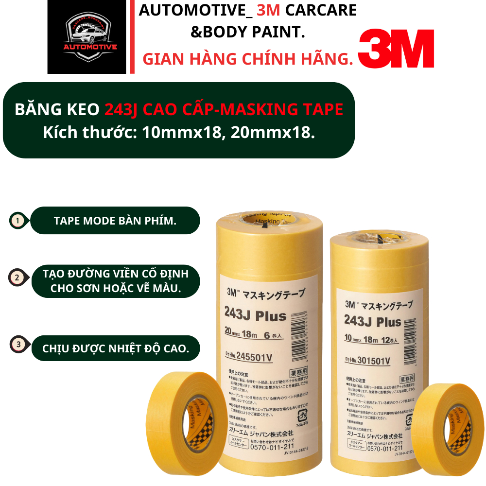 Băng keo 243J- Tape Mod, che sơn cao cấp 3M- Masking Tape (10, 20mm x18m)-AUTOMOTIVE_3MCARCARE & BOD