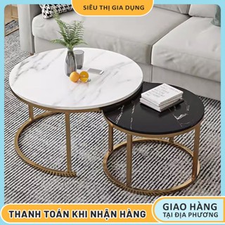 Bàn Tròn Phòng Khách, Bộ Đôi Bàn Trà Khung Mạ Vàng Nhập Khẩu Mặt Gỗ Tự Nhiên Bắc Âu Sang Trọng