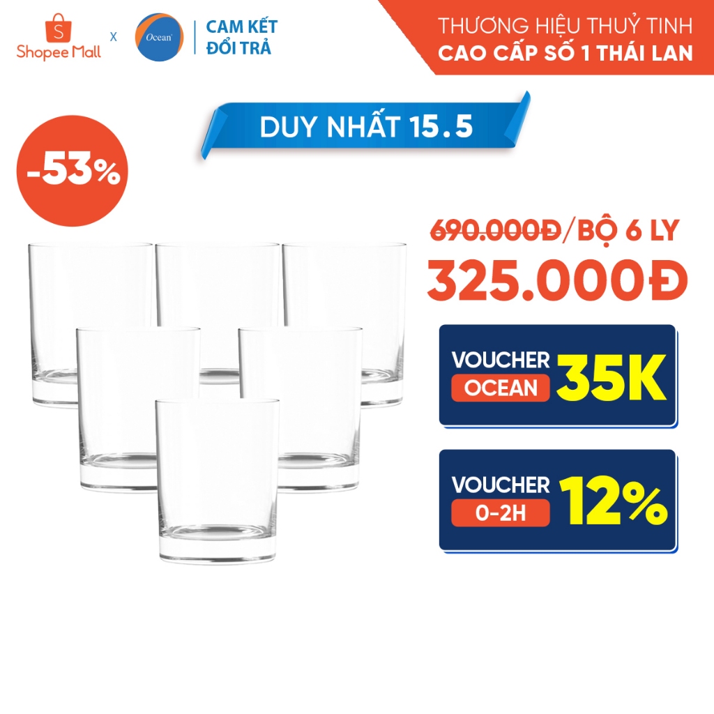 Bộ 6 ly thủy tinh Ocean Fyn Double Rock 395ml - Chính Hãng
