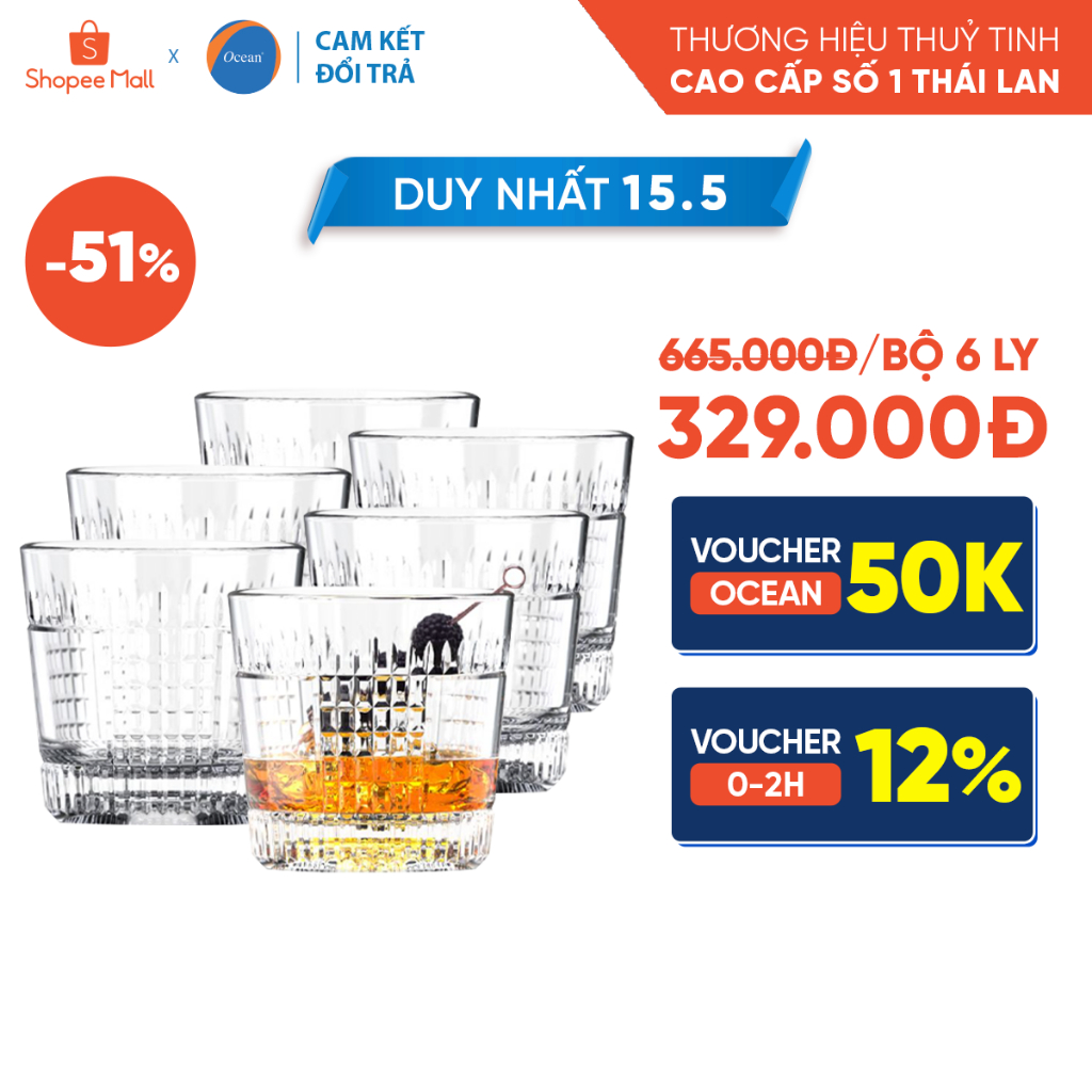 Bộ 6 ly thủy tinh Ocean MATTER FIX Double Rock 350ml - Chính Hãng