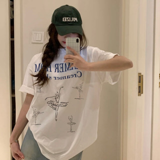 2024 Trắng áo phông nữ form rộng cô gái múa ba lê in ấn cổ tròn dáng rộng áo thun 100%cotton focus local brand