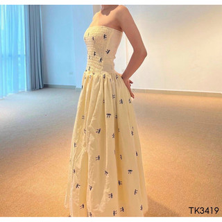 ĐẦM MIDI THÊU NƠ ỐNG CÚP SMOCKING NGỰC