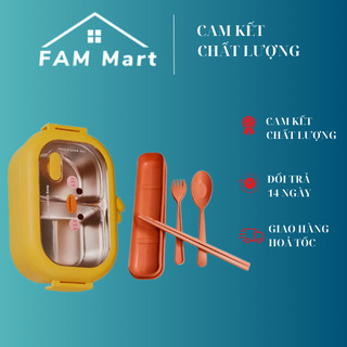 Hộp cơm vịt vàng 2 ngăn inox 304 950ml tiện lợi- Tặng bộ muỗng đũa nĩa lúa mạch