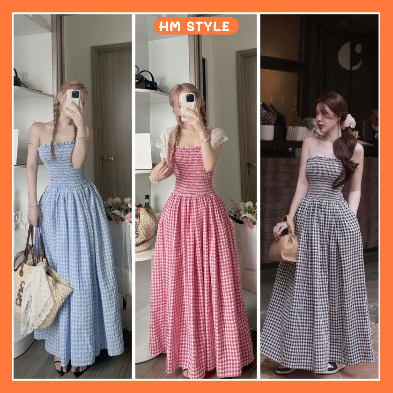 Váy Maxi cúp ngực bo chun chất kẻ thô có túi hông, váy kẻ caro mặc đi biển đi du lịch đi cafe dễ thương HV567 | BigBuy360 - bigbuy360.vn